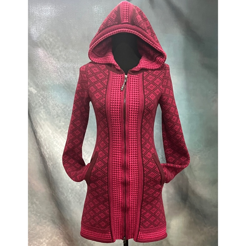 Athleta‎ Pink Burgundy Wool Blend Hooded Long Cardigan Sweater XXS - Picture 2 of 8